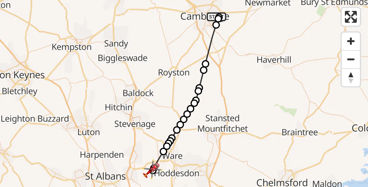 Flight route Air Ambulance Helicopter Cambridge City Airport - Little Berkhamsted, 03 August 2026, 07:52