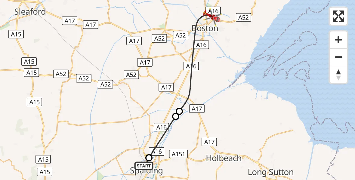 Flight route Air Ambulance Helicopter Spalding - Boston, 03 August 2026, 07:54