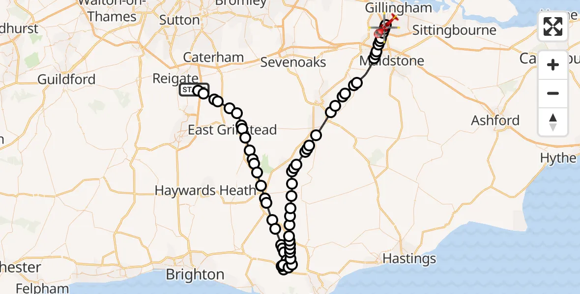 Flight route Air Ambulance Helicopter Redhill Aerodrome - Rochester Airport, 03 August 2026, 07:57