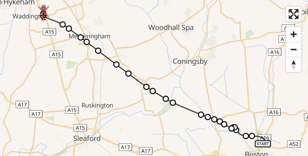 Flight route Air Ambulance Helicopter Boston - North Kesteven, 03 August 2026, 08:43