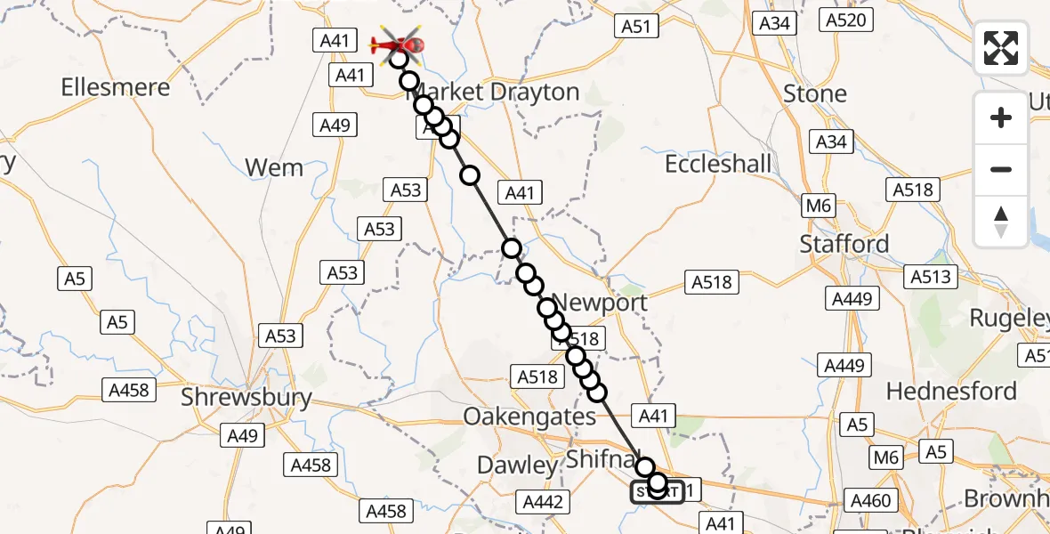 Flight route Air Ambulance Helicopter RAF Cosford - Calverhall, 03 August 2026, 08:42