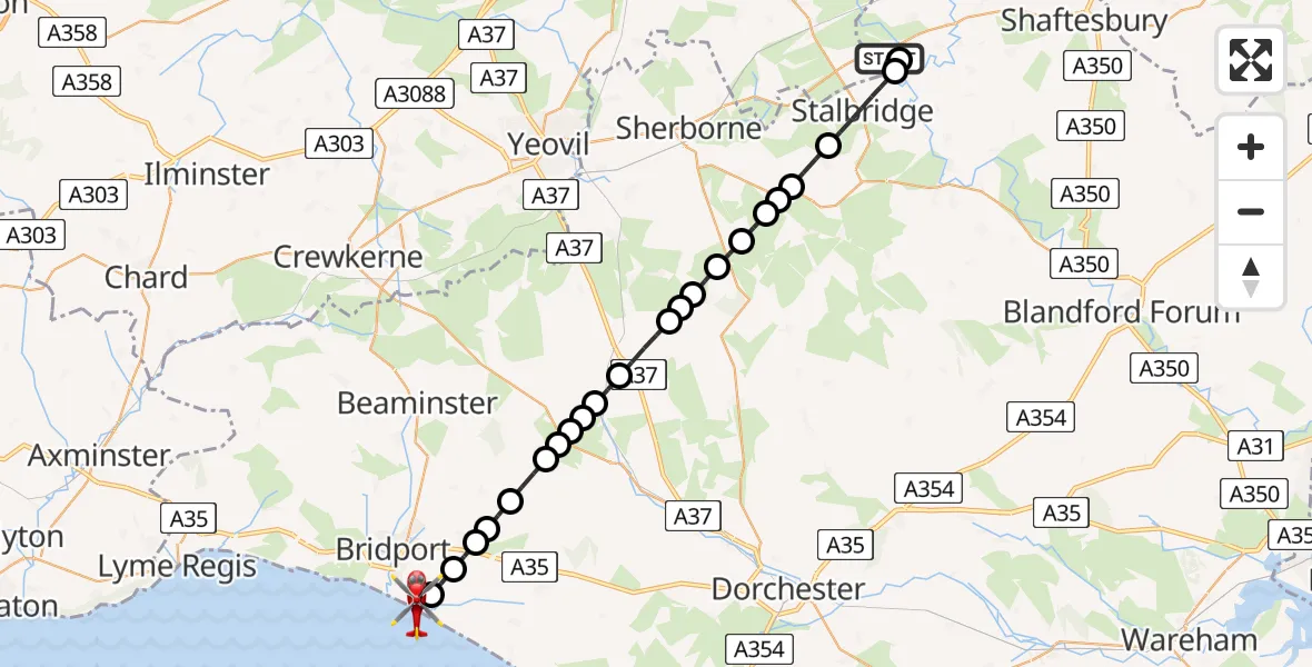 Flight route Air Ambulance Helicopter Henstridge Airfield - Burton Bradstock, 03 August 2026, 08:43