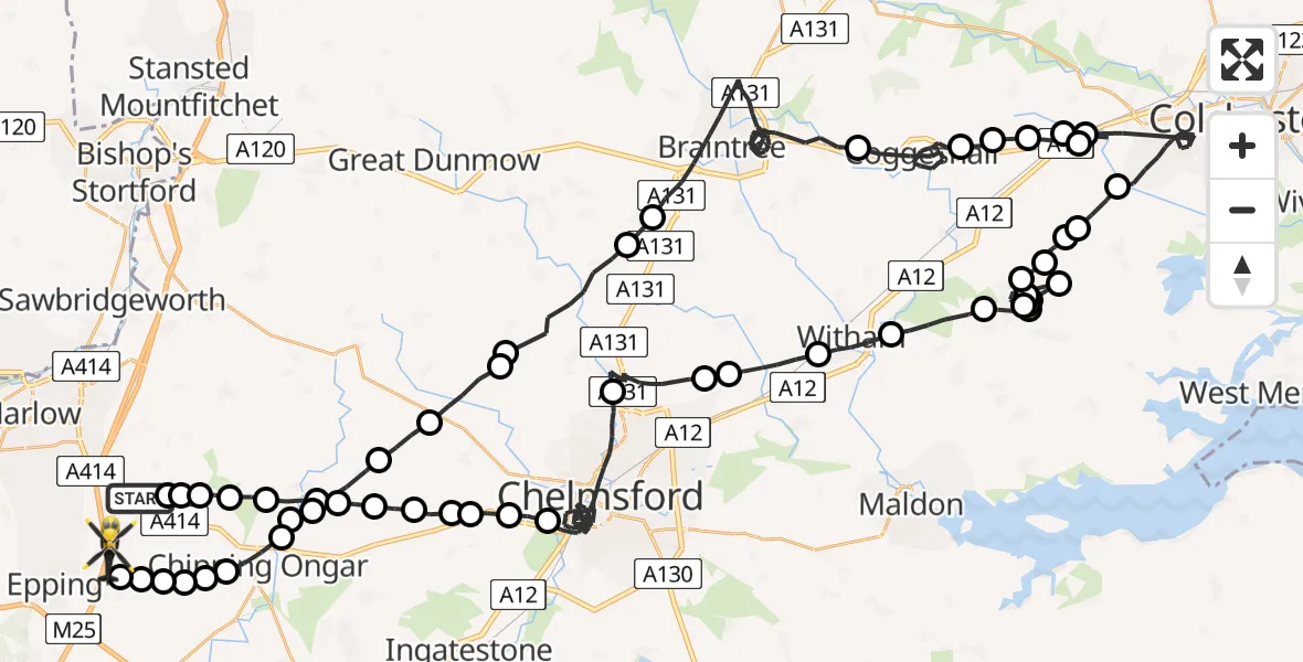 Flight route Police Helicopter North Weald Bassett - Coopersale, 03 August 2026, 08:50