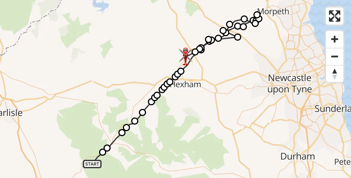 Flight route Air Ambulance Helicopter Glassonby - Chollerton, 03 August 2026, 08:55
