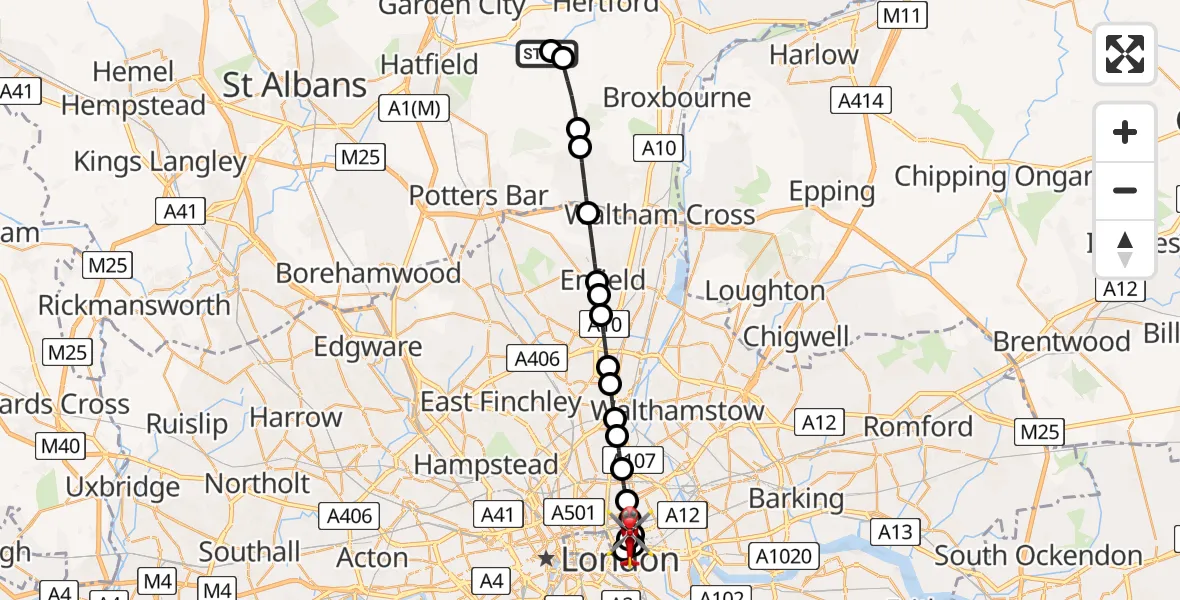 Flight route Air Ambulance Helicopter Little Berkhamsted - Royal London Hospital, 03 August 2026, 09:03