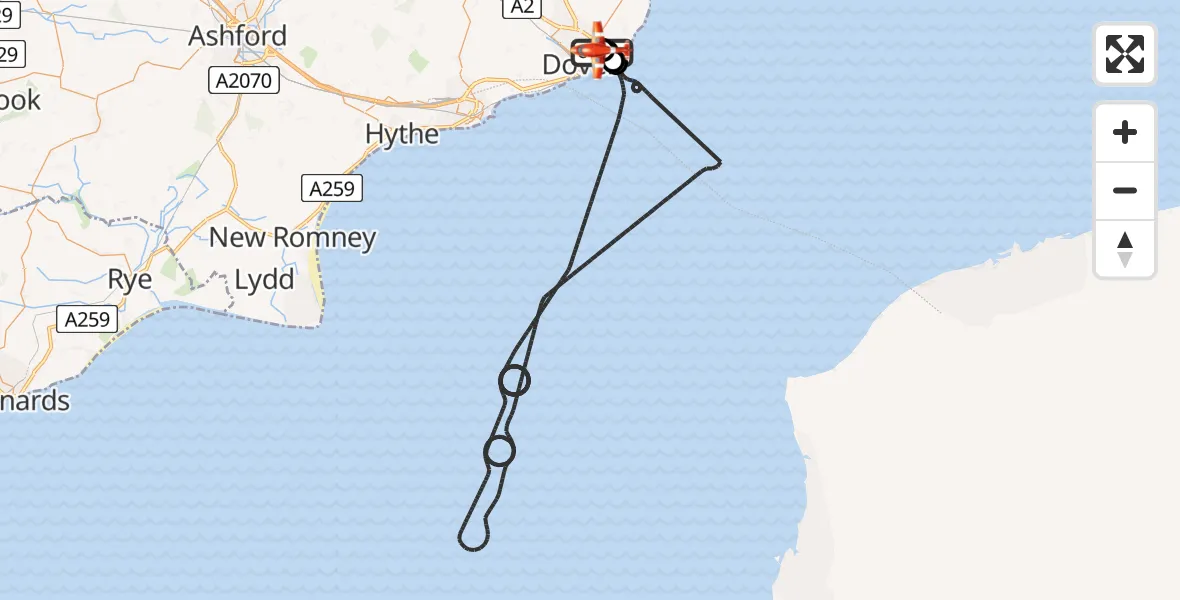 Flight route Coastguard Drone Langdon Battery Heliport - Swingate Airfield, 03 August 2026, 09:21