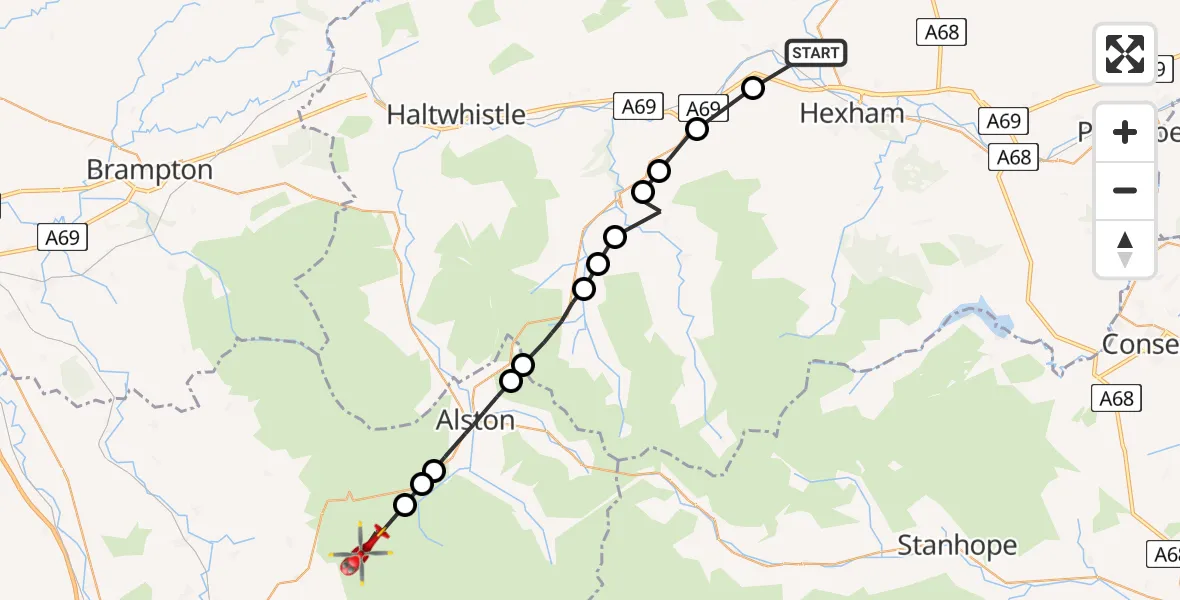 Flight route Air Ambulance Helicopter Warden - Glassonby, 03 August 2026, 09:21