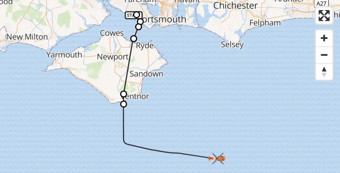 Flight route Coastguard Helicopter Solent Airport - English Channel, 03 August 2026, 09:21