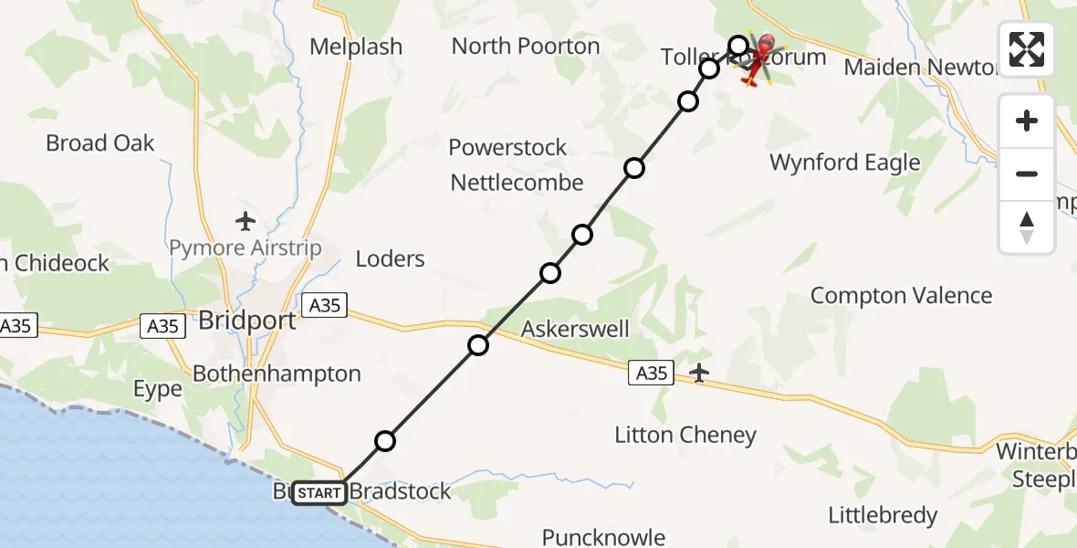 Flight route Air Ambulance Helicopter Burton Bradstock - Toller Porcorum, 03 August 2026, 09:33