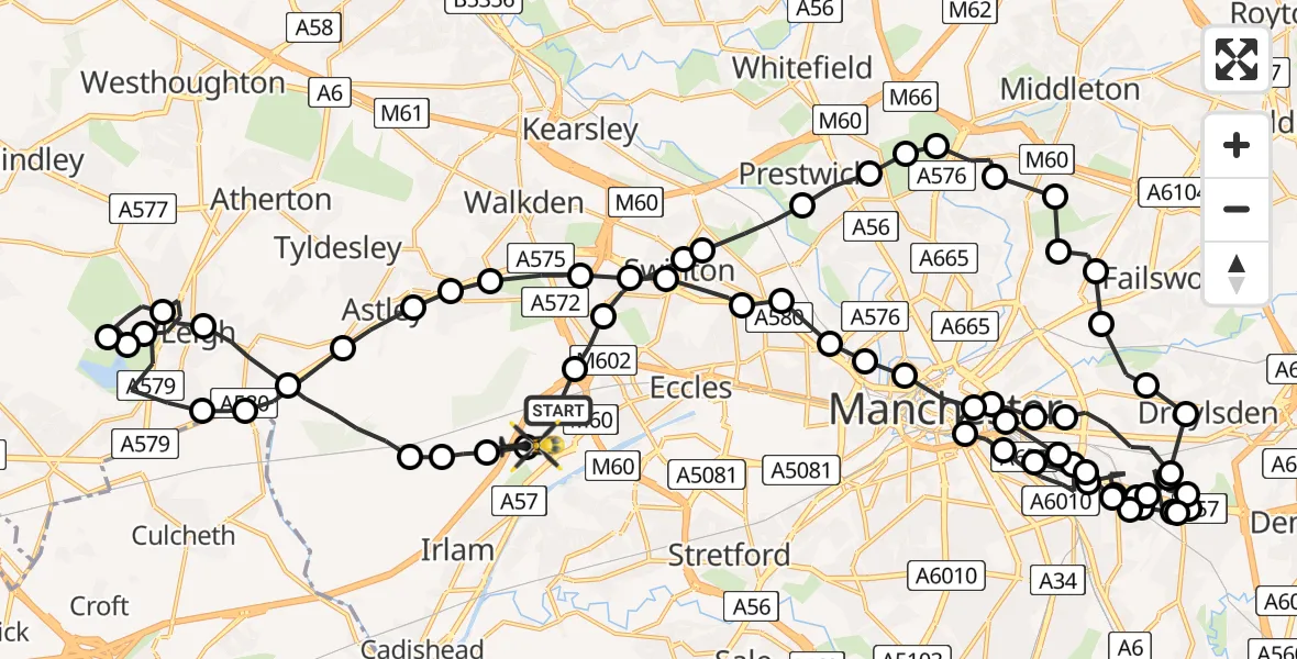Flight route Police Helicopter Worsley - Manchester Barton Aerodrome, 03 August 2026, 09:34