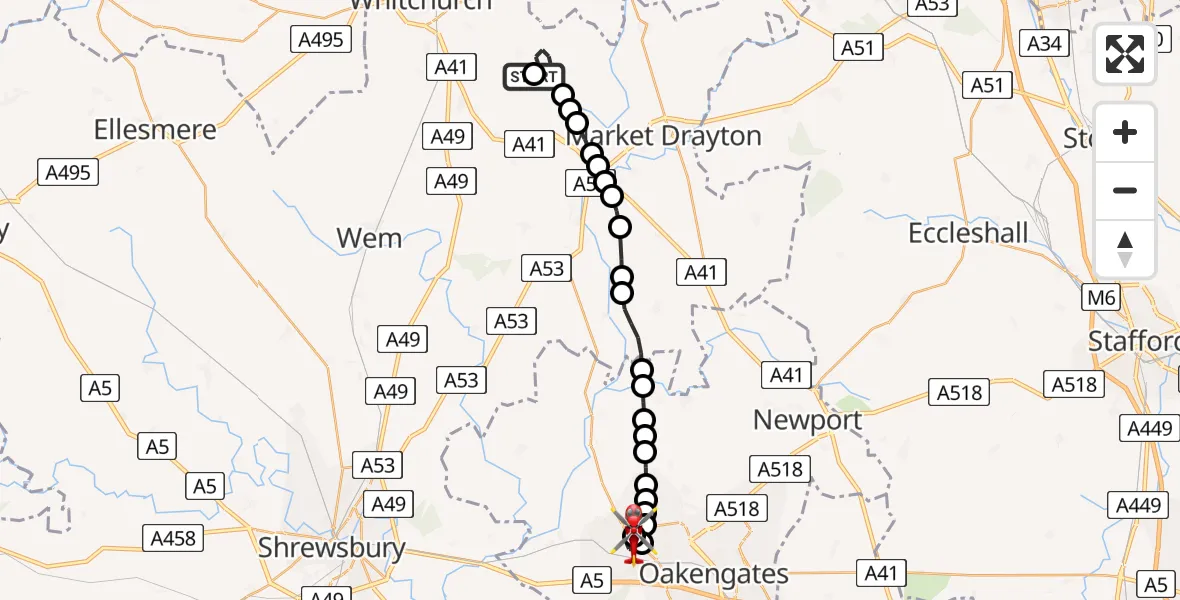 Flight route Air Ambulance Helicopter Calverhall - Princess Royal Telford Hospital, 03 August 2026, 09:41