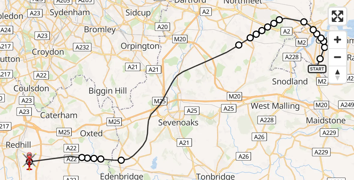 Flight route Air Ambulance Helicopter Rochester Airport - Redhill Aerodrome, 03 August 2026, 09:52