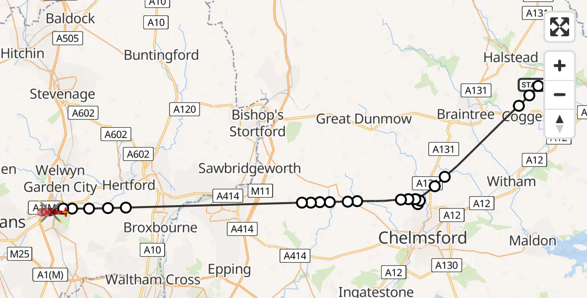 Flight route Air Ambulance Helicopter Earls Colne Airfield - Hatfield, 03 August 2026, 09:59