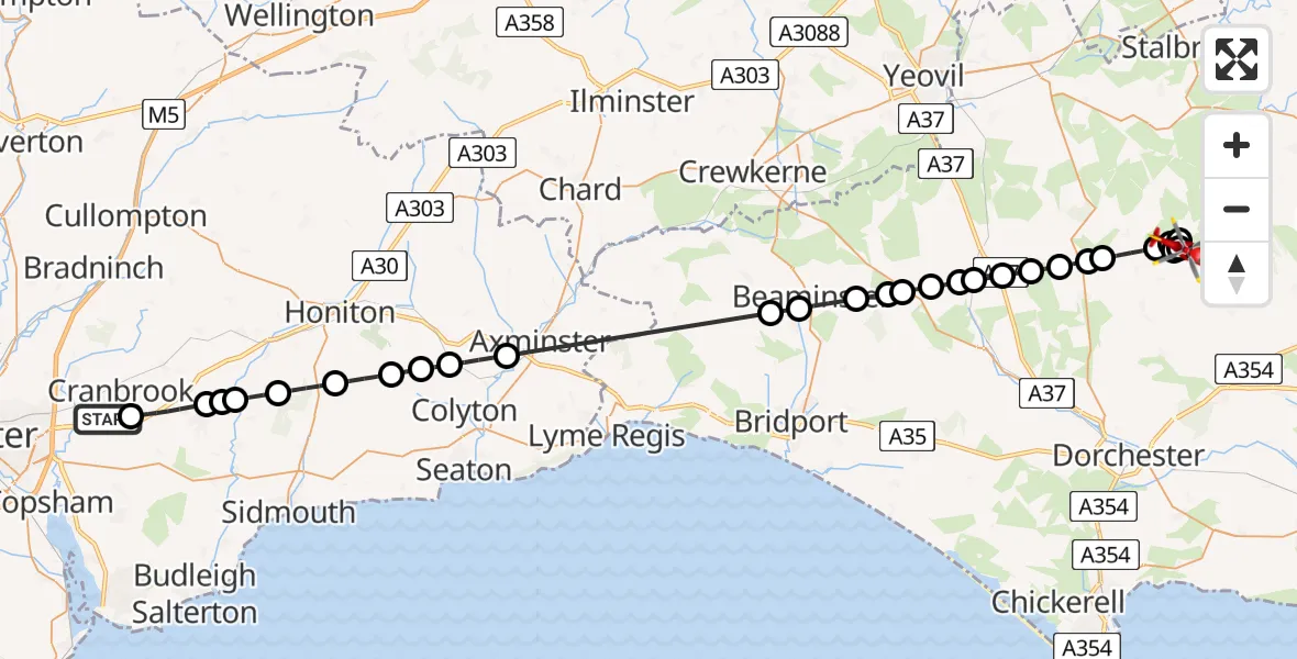 Flight route Air Ambulance Helicopter Exeter International Airport - Plush, 03 August 2026, 10:06