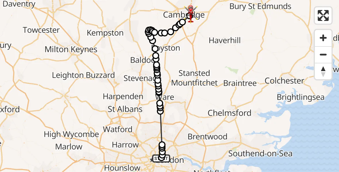 Flight route Air Ambulance Helicopter Royal London Hospital - Cambridge City Airport, 03 August 2026, 10:09