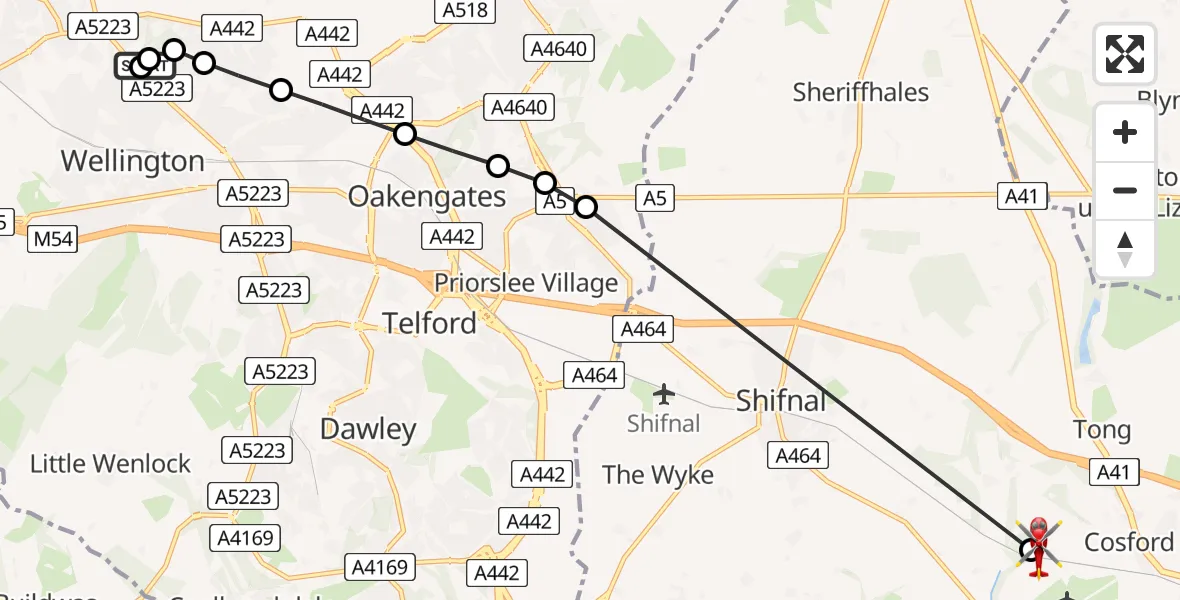 Flight route Air Ambulance Helicopter Princess Royal Telford Hospital - Cosford, 03 August 2026, 10:12