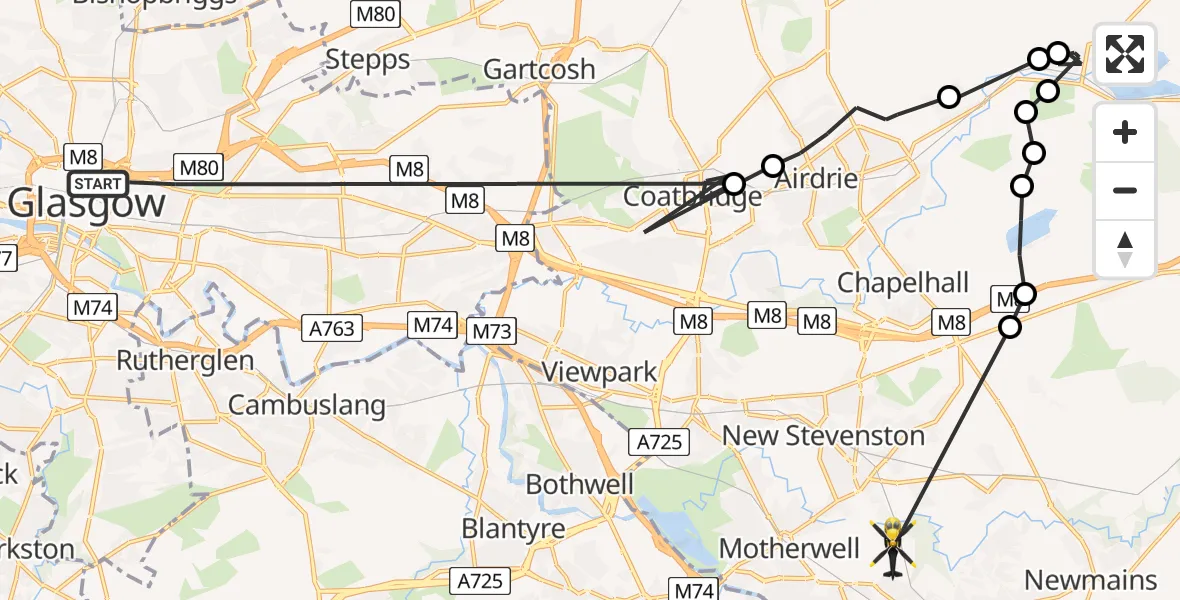 Flight route Police Helicopter Glasgow - New Stevenston, 03 August 2026, 10:15