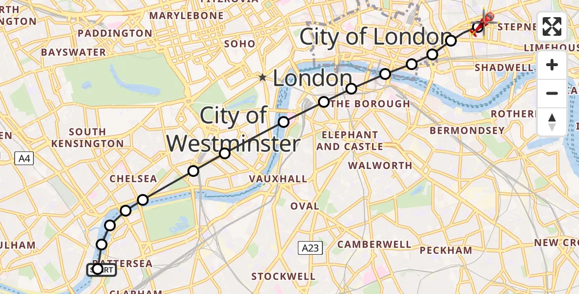 Flight route Air Ambulance Helicopter London Heliport - Royal London Hospital, 03 August 2026, 10:20