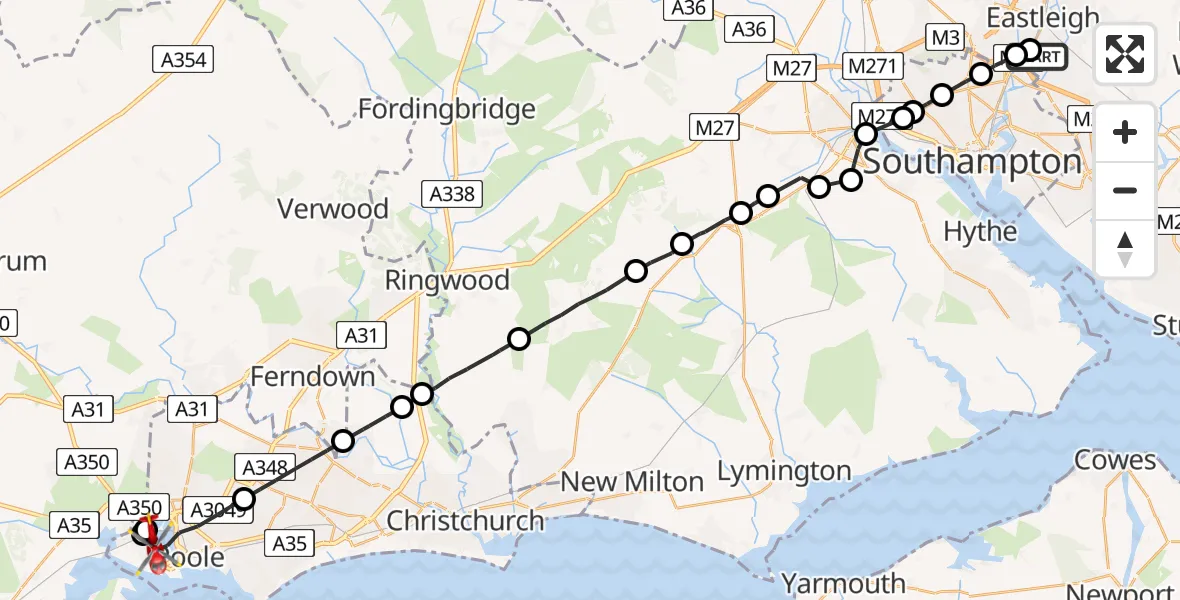 Flight route Air Ambulance Helicopter Southampton Airport - Poole, 03 August 2026, 10:41