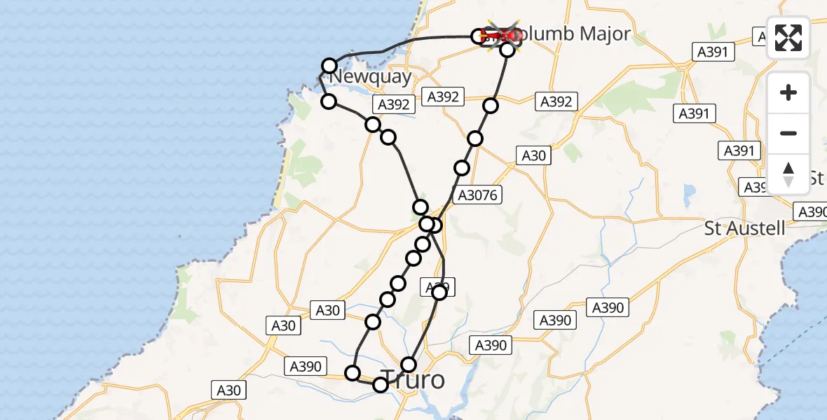 Flight route Air Ambulance Helicopter Cornwall Airport Newquay - Cornwall Airport Newquay, 03 August 2026, 10:47