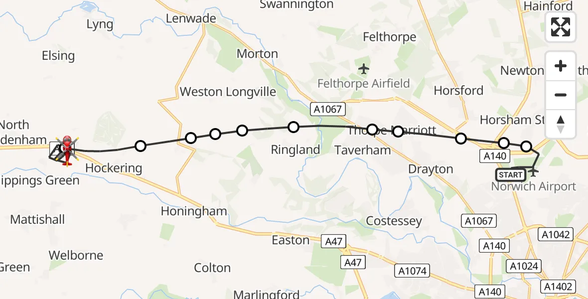 Flight route Air Ambulance Helicopter Norwich Airport - North Tuddenham, 03 August 2026, 10:47