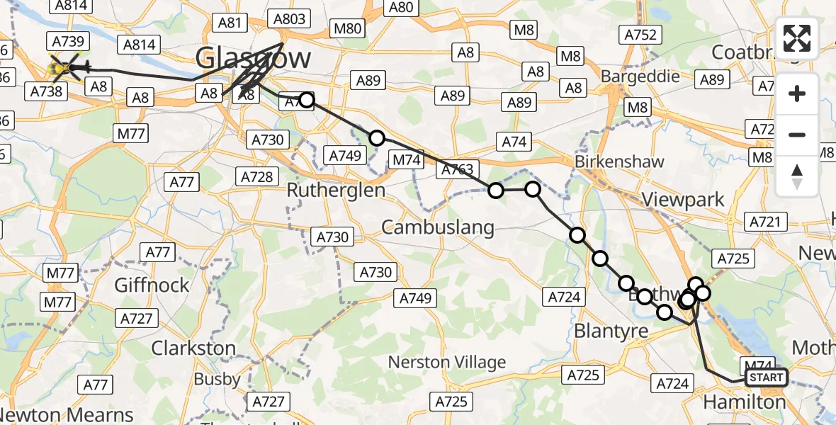 Flight route Police Helicopter Hamilton - Glasgow, 03 August 2026, 10:48