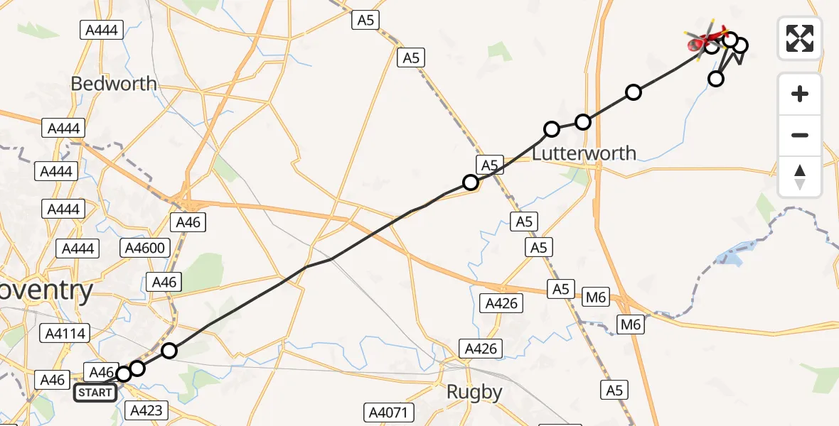 Flight route Air Ambulance Helicopter Coventry Airport - Bruntingthorpe Aerodrome, 03 August 2026, 10:49