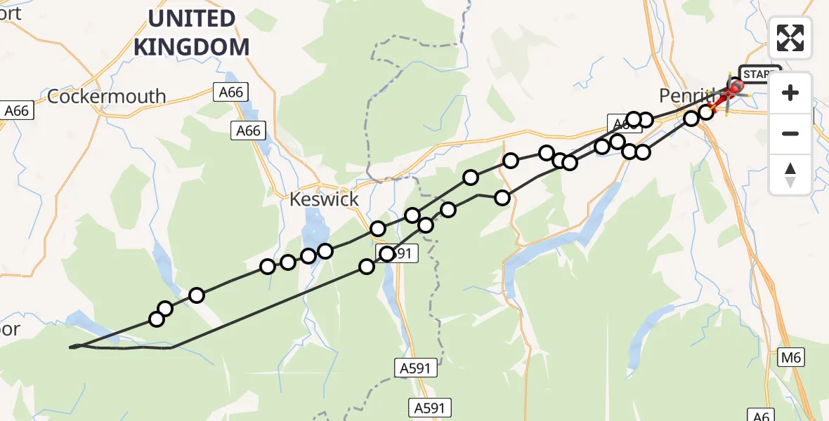 Flight route Air Ambulance Helicopter Edenhall - Penrith, 03 August 2026, 10:59
