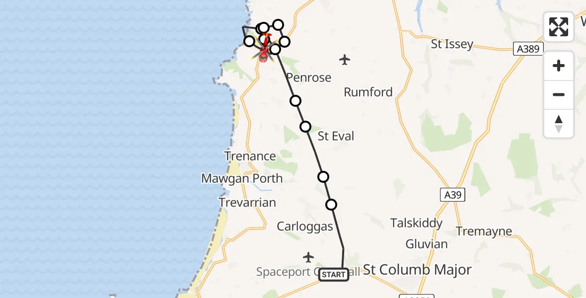 Flight route Air Ambulance Helicopter Cornwall Airport Newquay - St. Merryn, 03 August 2026, 11:05