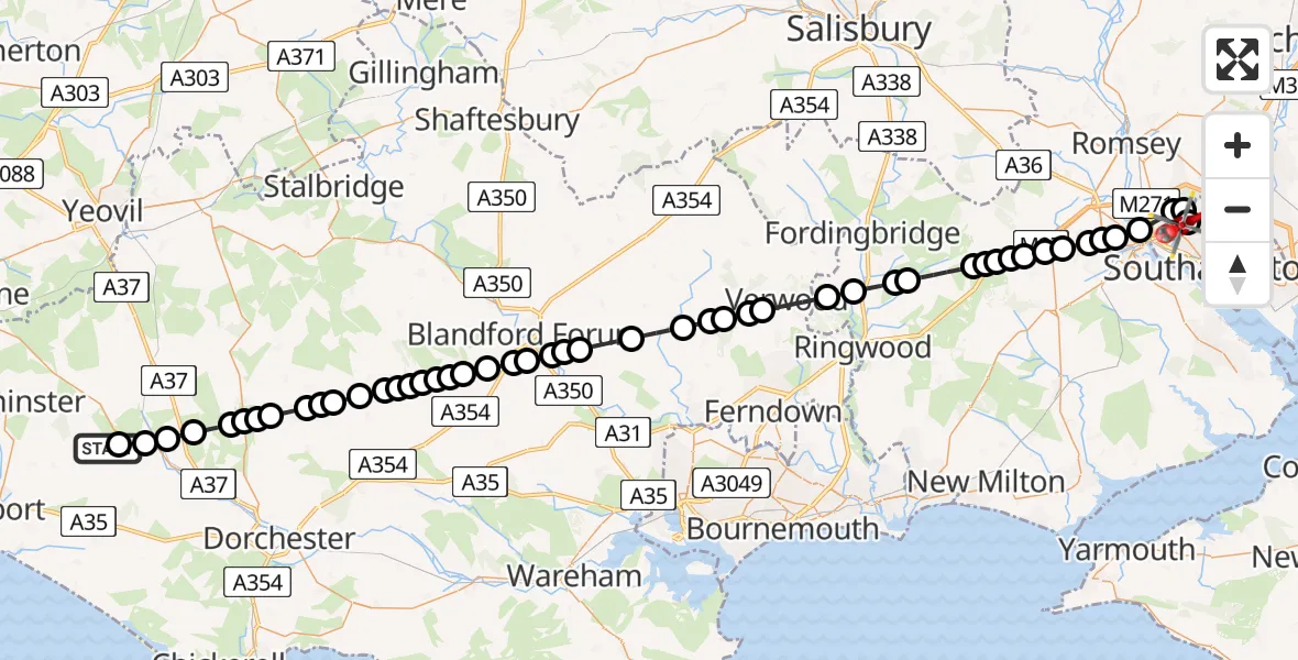 Flight route Air Ambulance Helicopter Toller Porcorum - University Hospital Southampton, 03 August 2026, 11:17