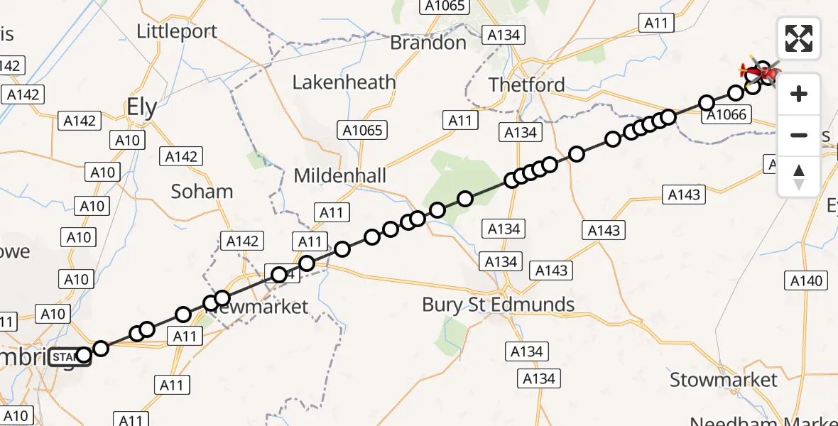 Flight route Air Ambulance Helicopter Cambridge City Airport - South Norfolk, 03 August 2026, 11:19