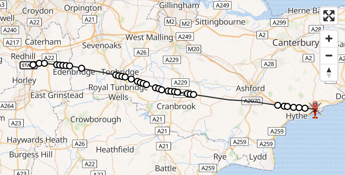 Flight route Air Ambulance Helicopter Redhill Aerodrome - Folkestone, 03 August 2026, 11:40