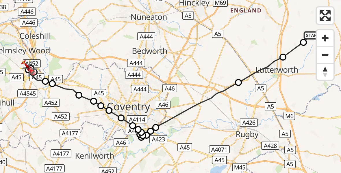 Flight route Air Ambulance Helicopter Bruntingthorpe - Bickenhill and Marston Green, 03 August 2026, 11:42