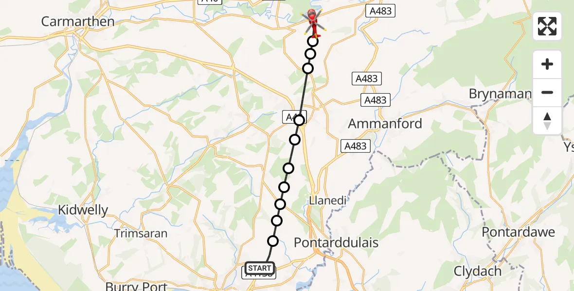 Flight route Air Ambulance Helicopter Dafen - Llanfihangel Aberbythych, 03 August 2026, 11:42