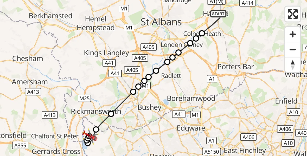 Flight route Air Ambulance Helicopter Hatfield - Harefield Hospital, 03 August 2026, 12:01