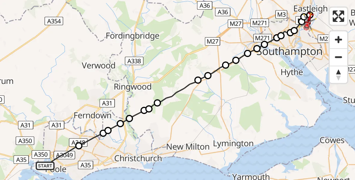 Flight route Air Ambulance Helicopter Poole - Southampton Airport, 03 August 2026, 12:03