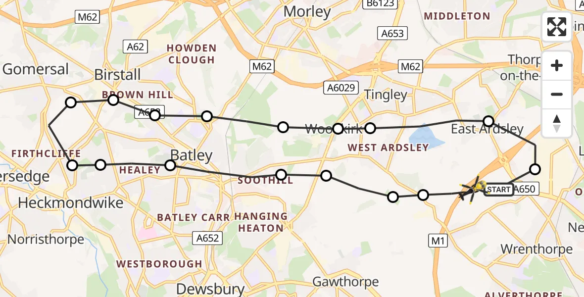 Flight route Police Helicopter East Ardsley - East Ardsley, 03 August 2026, 12:04
