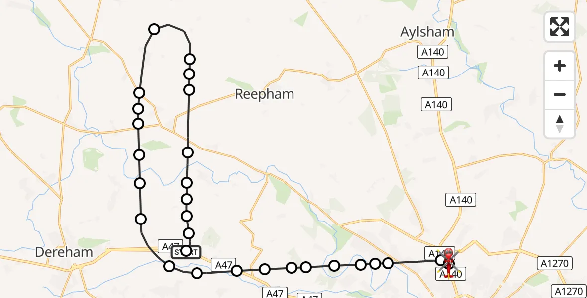 Flight route Air Ambulance Helicopter Clippings Green - Norwich Airport, 03 August 2026, 12:05