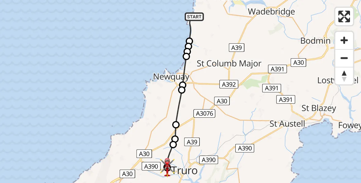 Flight route Air Ambulance Helicopter St. Eval - Treliske Hospital, 03 August 2026, 12:05