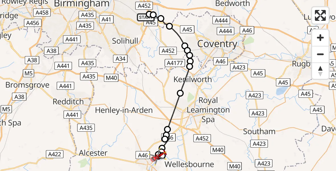 Flight route Air Ambulance Helicopter Solihull - Stratford-upon-Avon, 03 August 2026, 12:10