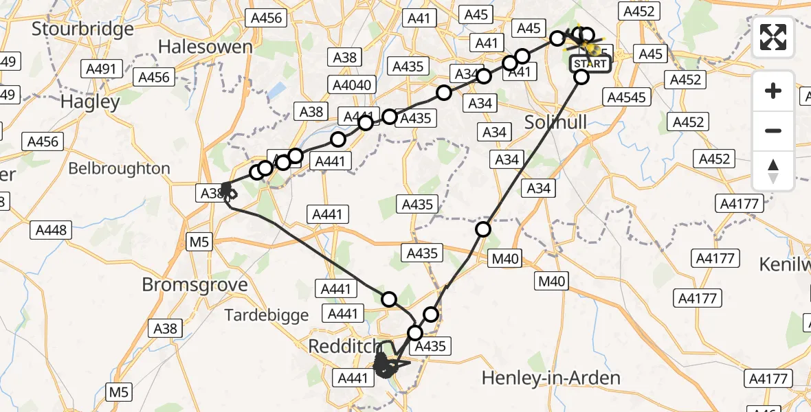Flight route Police Helicopter Solihull - Birmingham Airport, 03 August 2026, 12:23