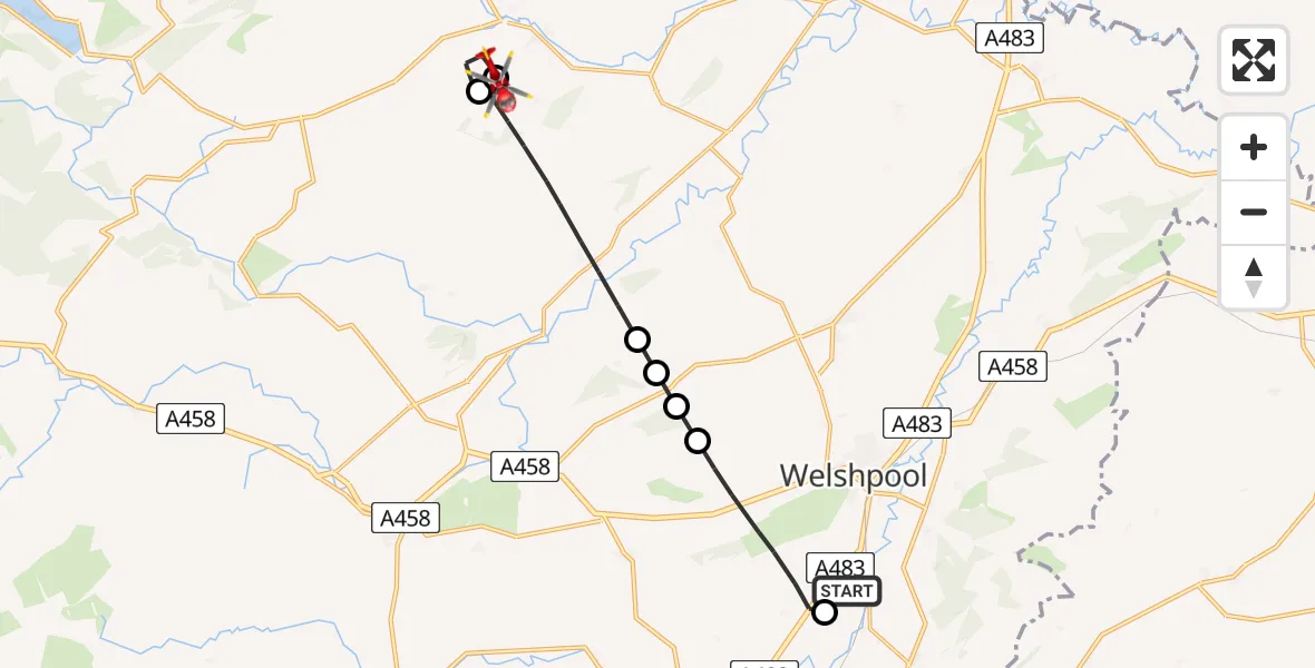 Flight route Air Ambulance Helicopter Welshpool Airport - Meifod, 03 August 2026, 12:27