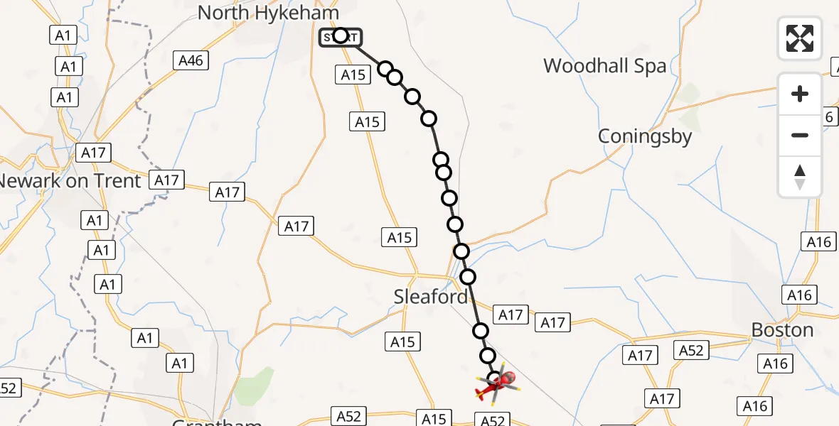 Flight route Air Ambulance Helicopter RAF Waddington - North Kesteven, 03 August 2026, 12:29