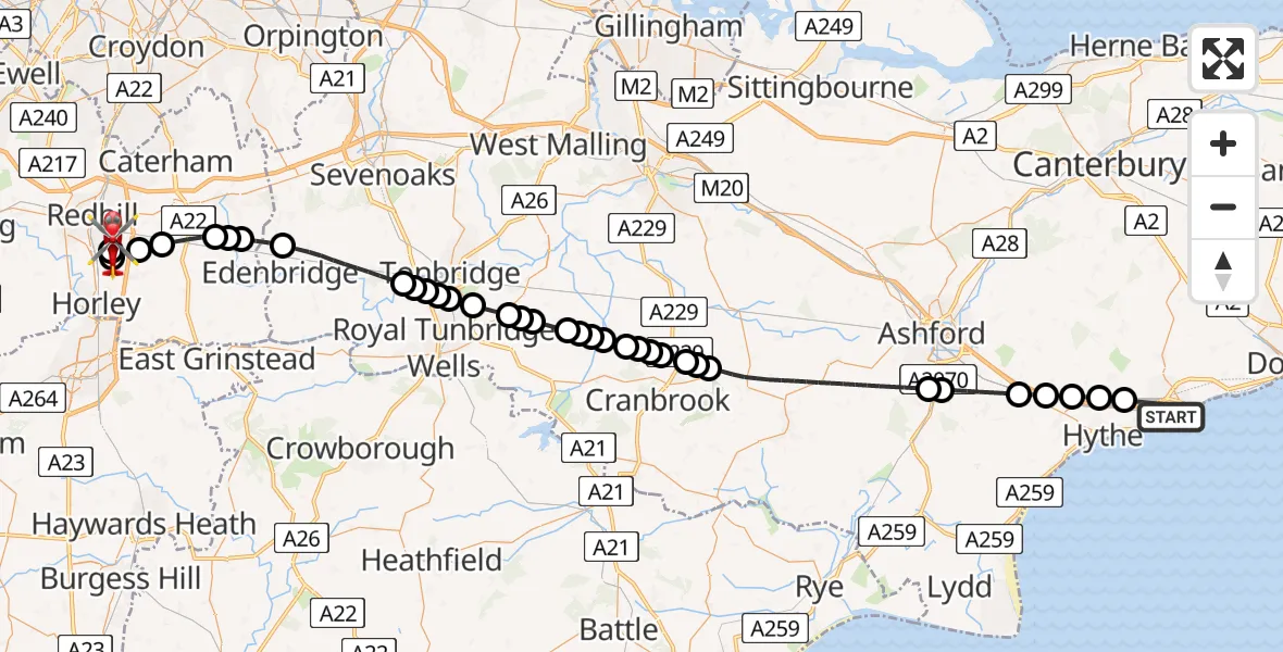 Flight route Air Ambulance Helicopter Folkestone - Redhill Aerodrome, 03 August 2026, 12:33