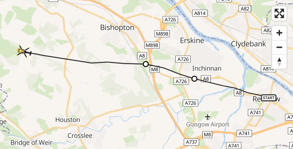 Flight route Police Helicopter Renfrew - Bishopton, 03 August 2026, 12:33