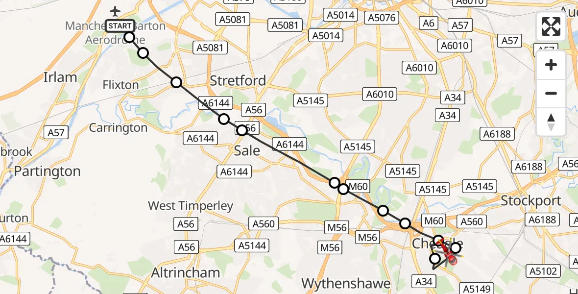 Flight route Air Ambulance Helicopter Manchester Barton Aerodrome - RAF Cheadle, 03 August 2026, 12:51