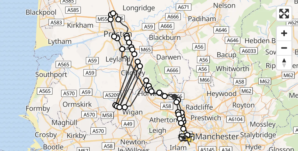 Flight route Police Helicopter Worsley - Manchester Barton Aerodrome, 03 August 2026, 12:53