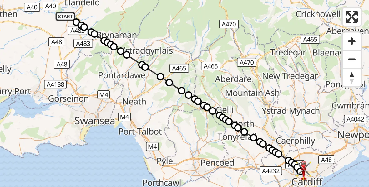 Flight route Air Ambulance Helicopter Llanfihangel Aberbythych - Gabalfa, 03 August 2026, 12:53