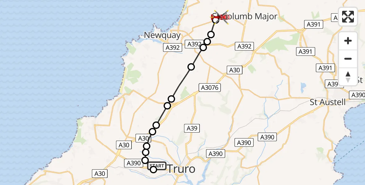 Flight route Air Ambulance Helicopter Treliske Hospital - Cornwall Airport Newquay, 03 August 2026, 13:05