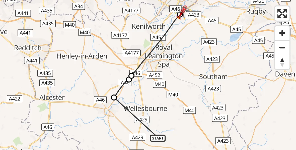 Flight route Air Ambulance Helicopter Pillerton Hersey CP - Coventry Airport, 03 August 2026, 13:15